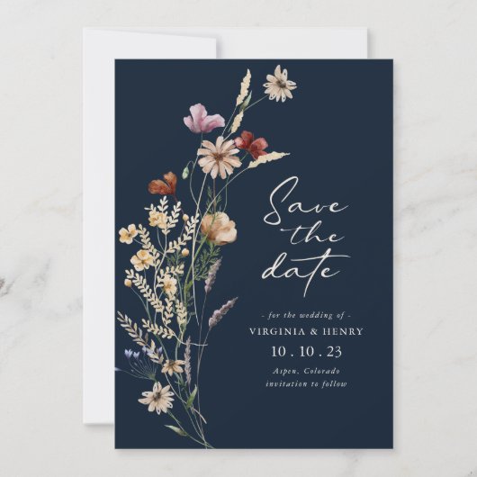 Boho Floral Navy red de datum Save The Date (Voorkant)