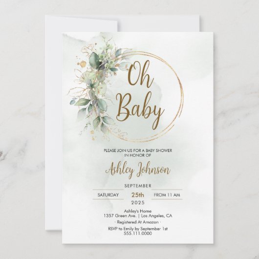 Boho Floral Oh Baby Groen en Goud Baby shower Kaart (Voorkant)