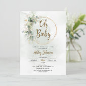 Boho Floral Oh Baby Groen en Goud Baby shower Kaart (Staand voorkant)