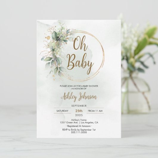 Boho Floral Oh Baby Groen en Goud Baby shower Kaart (Staand voorkant)