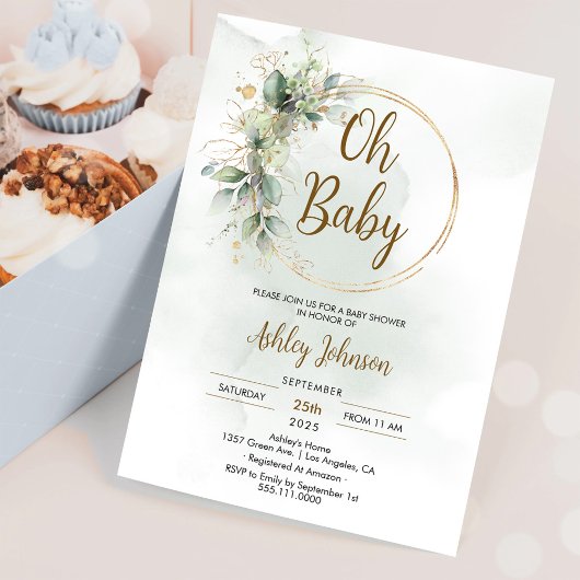 Boho Floral Oh Baby Groen en Goud Baby shower Kaart