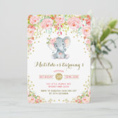 Boho Floral Olifant Uitnodiging Roze Goud Verjaard (Staand voorkant)