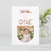Boho Floral One Word Pink First Birthday  Kaart (Staand voorkant)