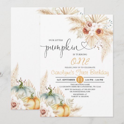 Boho Floral Onze kleine pomkin Birthday Party Kaart (Voorkant / Achterkant)