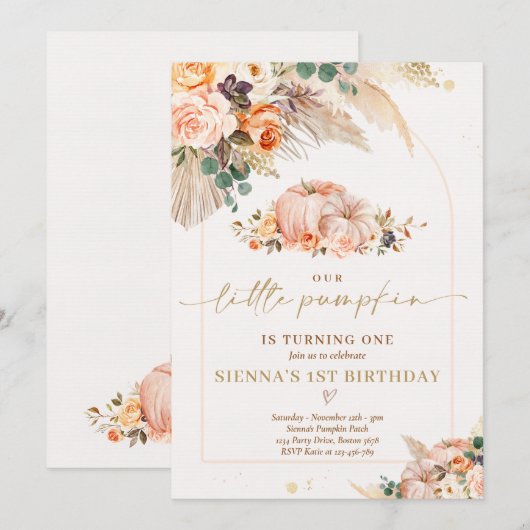 Boho Floral onze kleine pompoen 1e verjaardag Kaart (Voorkant / Achterkant)