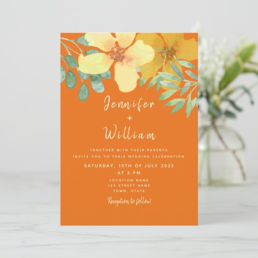 Boho Floral Oranje bruiloft Kaart (Staand voorkant)