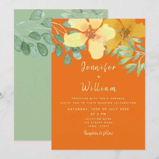 Boho Floral Oranje bruiloft Kaart (Voorkant / Achterkant)