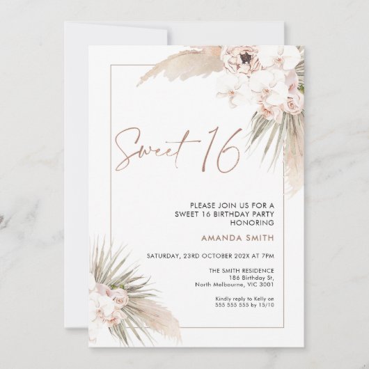 Boho Floral Orchards Pampas Sweet 16 Birthday Kaart (Voorkant)