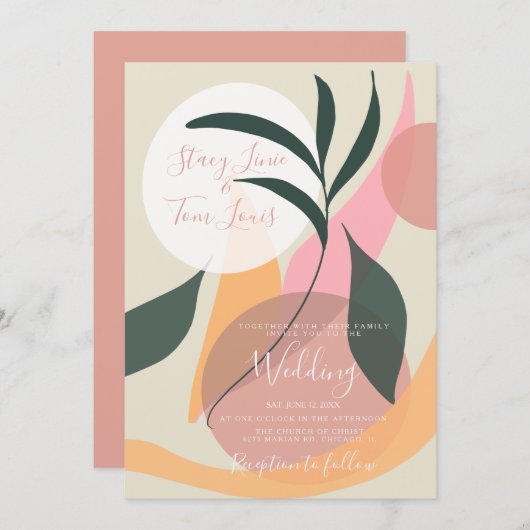 Boho Floral Organic Shapes Pink Wedding Invitation Kaart (Voorkant / Achterkant)