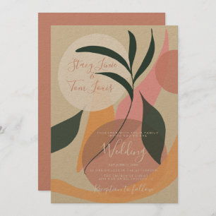 Boho Floral Organic Shapes Pink Wedding Invitation Kaart