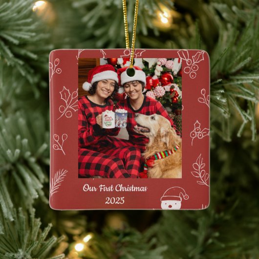 Boho Floral Our First Christmas 2025 Personalized Keramisch Ornament (Boom)