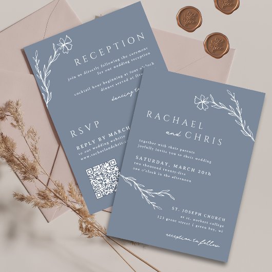 Boho Floral Outline Dusty Blue Alles in één QR-cod Kaart