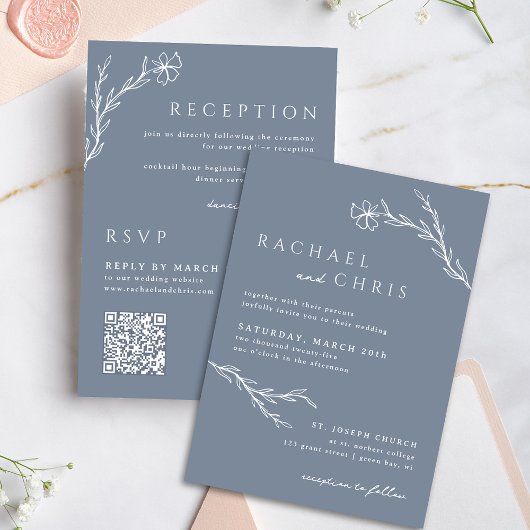 Boho Floral Outline Dusty Blue Alles in één QR-cod Kaart