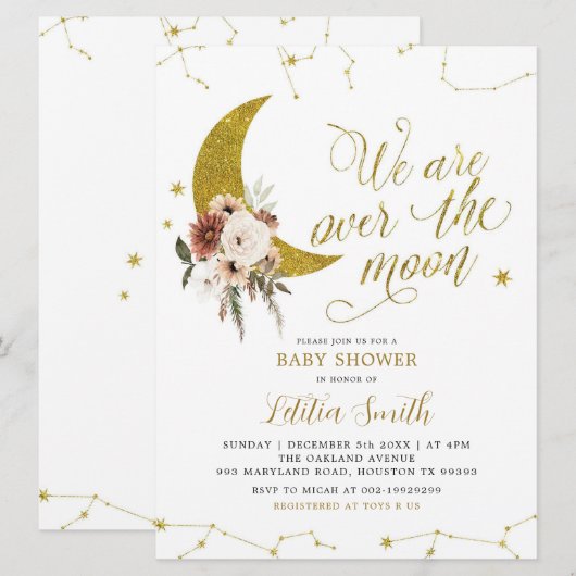 Boho Floral over de uitnodiging van het Moon Baby  (Voorkant / Achterkant)