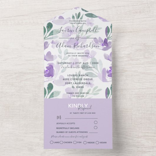 Boho Floral Paarse Waterverf Bond All In One Uitnodiging (Binnen)