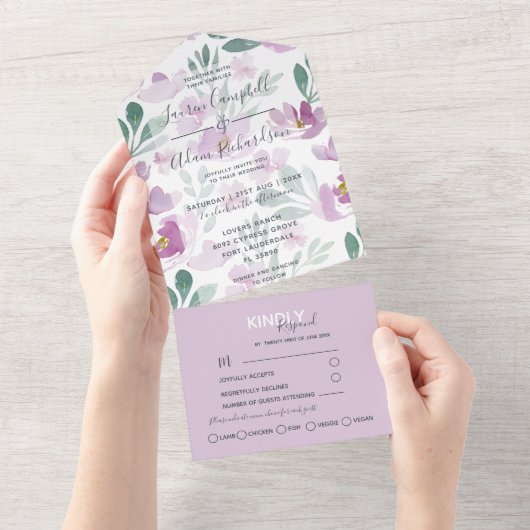 Boho Floral Paarse Waterverf Wedding All In One Uitnodiging (Afscheurbaar)