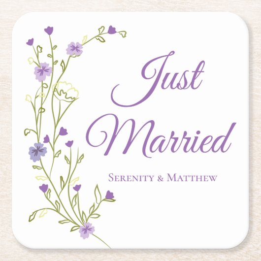 Boho Floral Paarse wilde bloem net getrouwd Kartonnen Onderzetters (Voorkant)