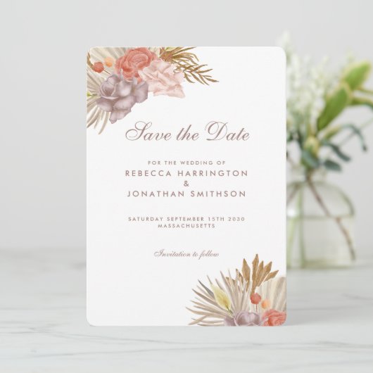 Boho Floral Palm Leaf Pink Wedding Save the Date Kaart (Staand voorkant)