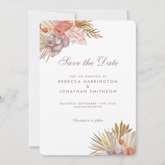 Boho Floral Palm Leaf Pink Wedding Save the Date Kaart (Voorkant)