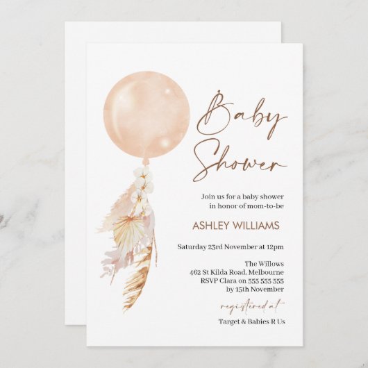 Boho Floral Pampas Balloon Baby shower Uitnodiging (Voorkant / Achterkant)