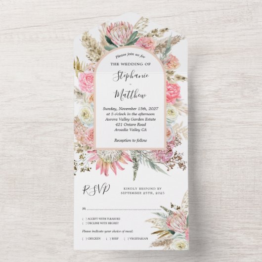 Boho Floral Pampas Floral Wedding All In One Uitnodiging (Binnen)