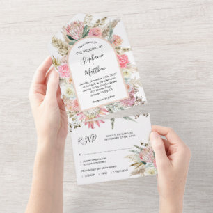 Boho Floral Pampas Floral Wedding All In One Uitnodiging