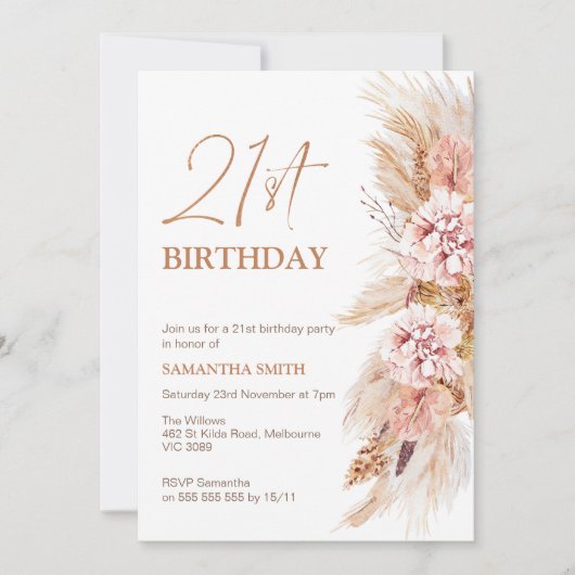 Boho Floral Pampas Grass 21st Birthday Uitnodiging (Voorkant)