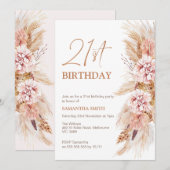 Boho Floral Pampas Grass 21st Birthday Uitnodiging (Voorkant / Achterkant)