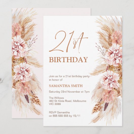 Boho Floral Pampas Grass 21st Birthday Uitnodiging (Voorkant / Achterkant)