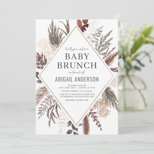 Boho Floral Pampas Grass Baby Brunch Shower Kaart (Staand voorkant)