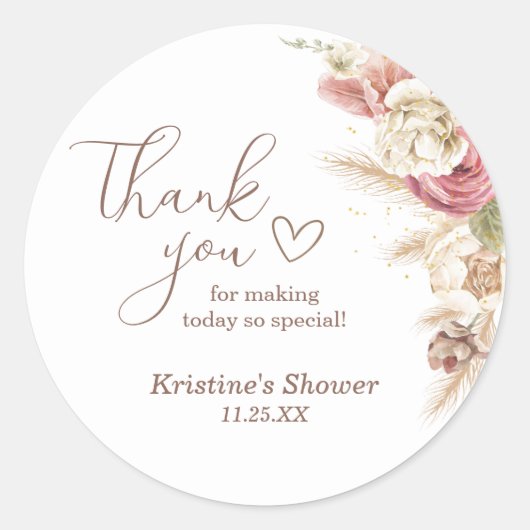 Boho Floral Pampas Grass Baby shower Bedankt Ronde Sticker (Voorkant)