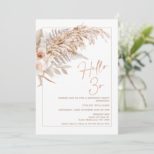 Boho Floral Pampas Grass Hallo 30 Kaart (Staand voorkant)