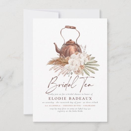 Boho Floral Pampas Grass Modern Tea Vrijgezellenfe Kaart (Voorkant)