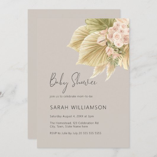 Boho Floral Pampas Grass Palm Natural Baby shower Kaart (Voorkant / Achterkant)