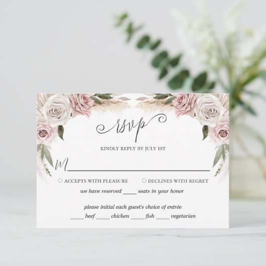 Boho Floral Pampas Grass Pink RSVP Kaartje (Staand voorkant)