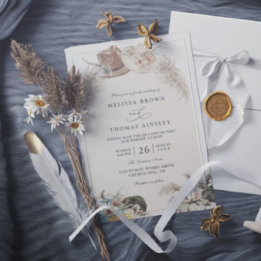  Boho Floral Pampas Grass Rustic QR Code Wedding Kaart