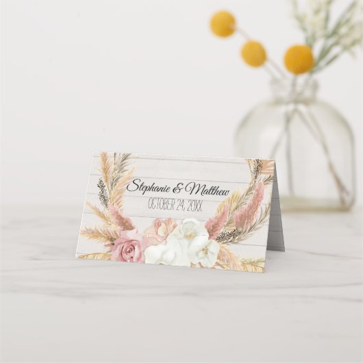 Boho Floral Pampas Grass Rustiek Hout Plaats Kaart Plaatskaartje (Achterkant)