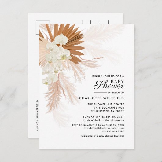 Boho Floral Pampas Grass Terracotta Baby shower Uitnodiging Briefkaart (Voorkant / Achterkant)