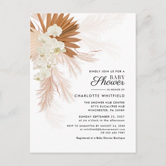 Boho Floral Pampas Grass Terracotta Baby shower Uitnodiging Briefkaart (Voorkant)