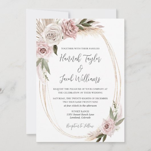 Boho Floral Pampas Grass Wedding Kaart (Voorkant)