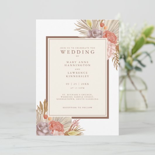 Boho Floral Pampas Grass Wedding Kaart (Staand voorkant)