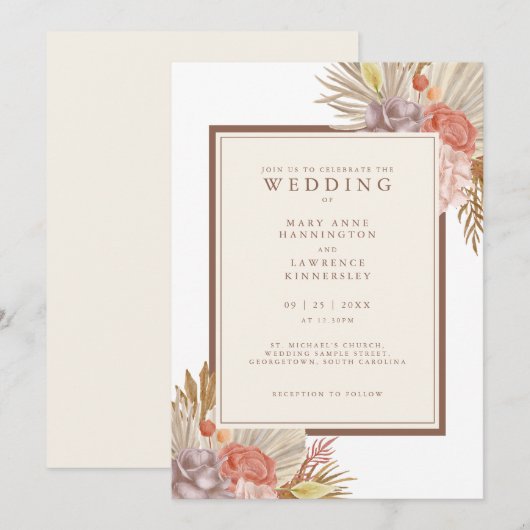 Boho Floral Pampas Grass Wedding Kaart (Voorkant / Achterkant)
