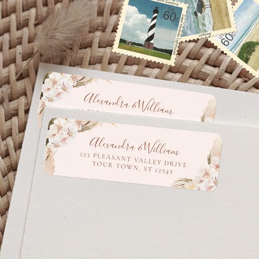 Boho Floral Pampas Grass Wedding Return Address Etiket