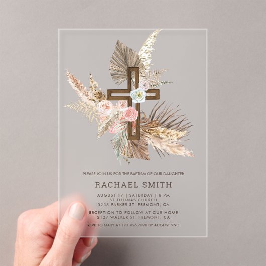 Boho Floral Pampas Hout Kruisdoop Acryl Uitnodigingen (Insitu (Draagbaar))