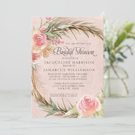 BOHO Floral Pampas Pink Waterverf Wreate Kaart (Staand voorkant)