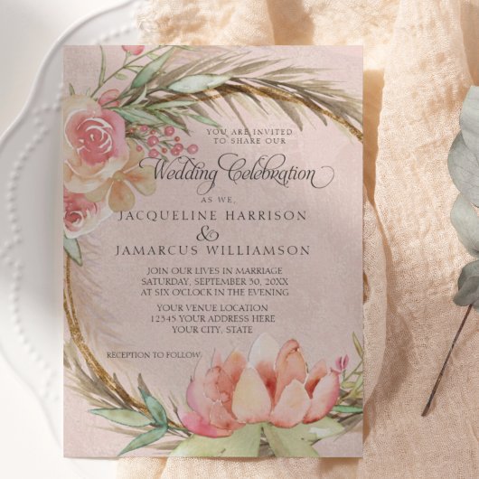 BOHO Floral Pampas Pink Waterverf Wreath Wedding Kaart