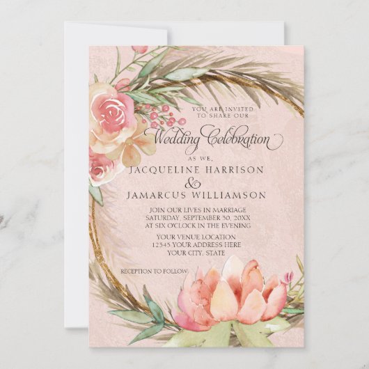 BOHO Floral Pampas Pink Waterverf Wreath Wedding Kaart (Voorkant)