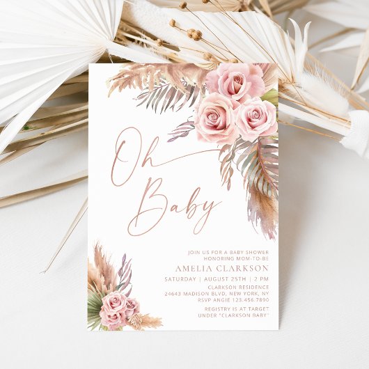 Boho Floral Pampas Roos Gold Baby shower Kaart