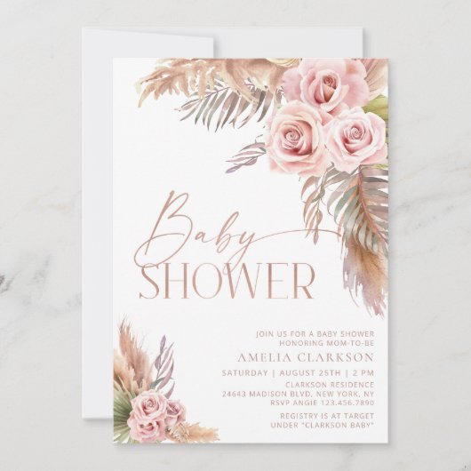 Boho Floral Pampas Roos Gold Baby shower Kaart (Voorkant)