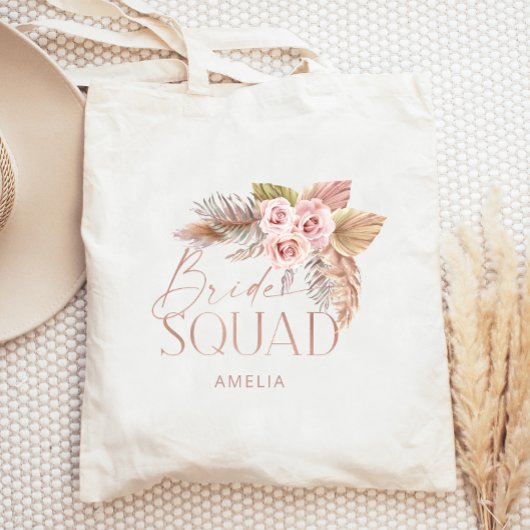 Boho Floral Pampas Roos Gold Bride Squad Tote Bag